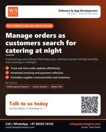 W3AppDevelopers poster for Catering food and drink supplier: Manage orders as customers search for catering at night