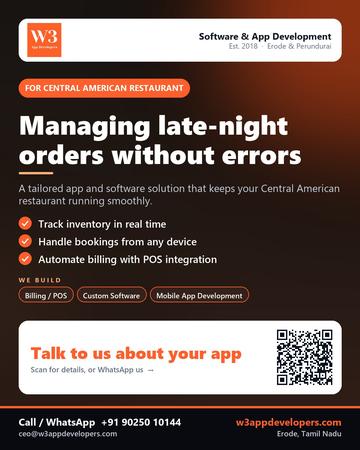 W3AppDevelopers poster for Central American restaurant: Managing late-night orders without errors
