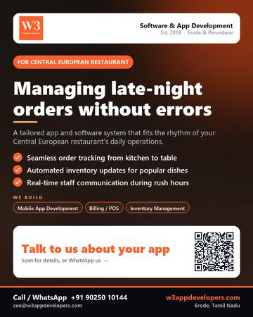 W3AppDevelopers poster for Central European restaurant: Managing late-night orders without errors