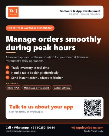 W3AppDevelopers poster for Central Javanese restaurant: Manage orders smoothly during peak hours