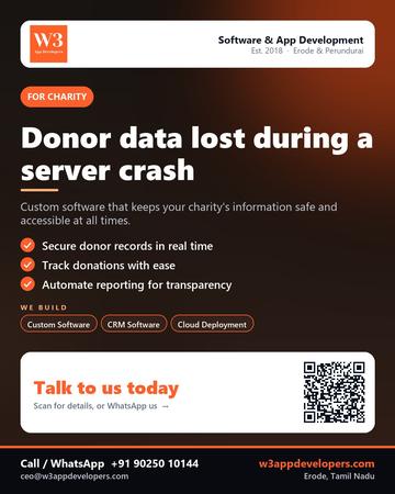 W3AppDevelopers poster for Charity: Donor data lost during a server crash
