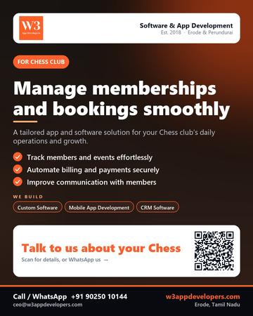 W3AppDevelopers poster for Chess club: Manage memberships and bookings smoothly