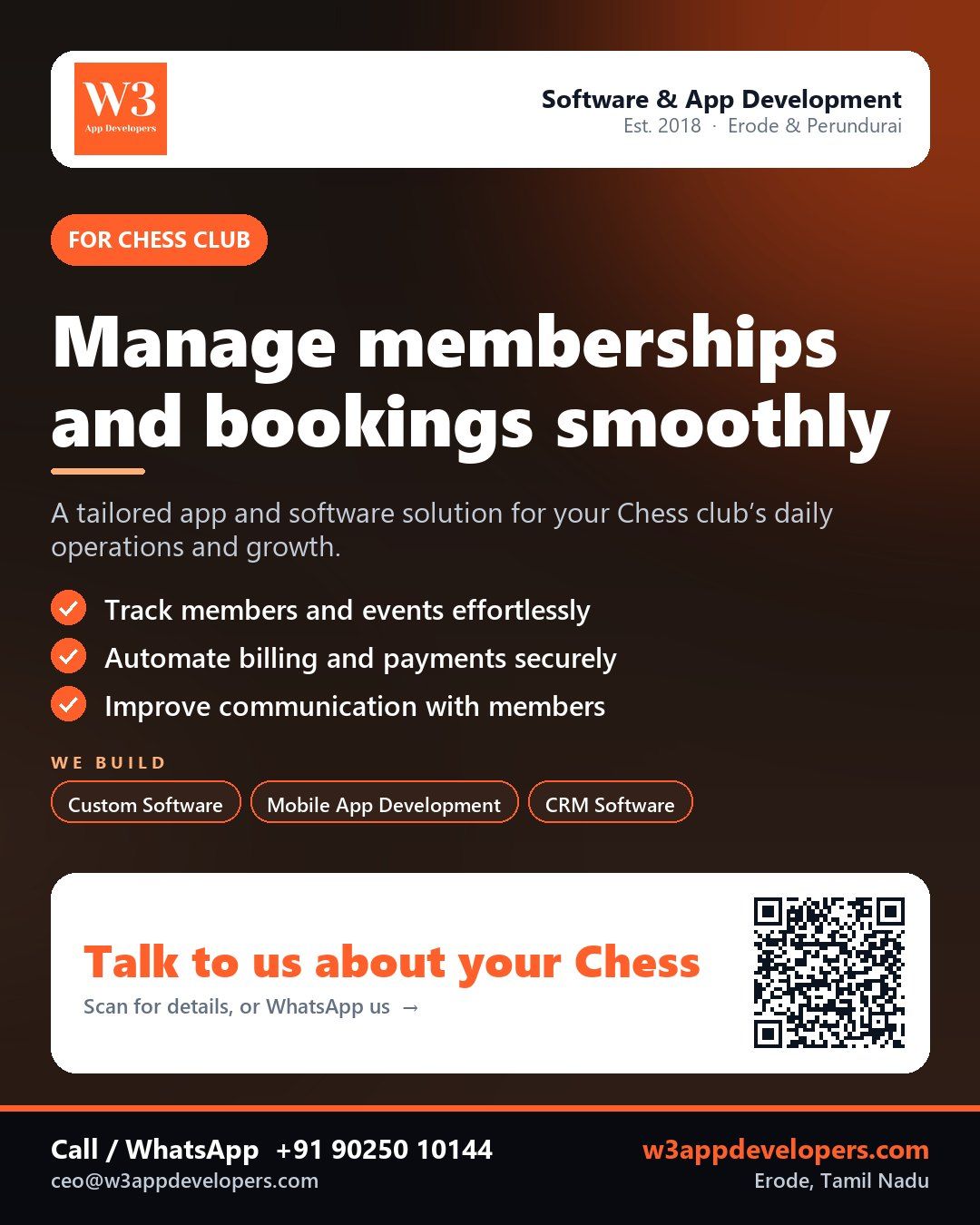 W3AppDevelopers provides custom software for Chess clubs in Erode and Perundurai