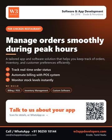 W3AppDevelopers poster for Chicken restaurant: Manage orders smoothly during peak hours