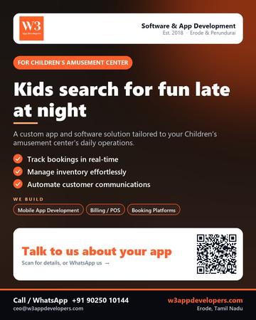 W3AppDevelopers poster for Children’s amusement center: Kids search for fun late at night