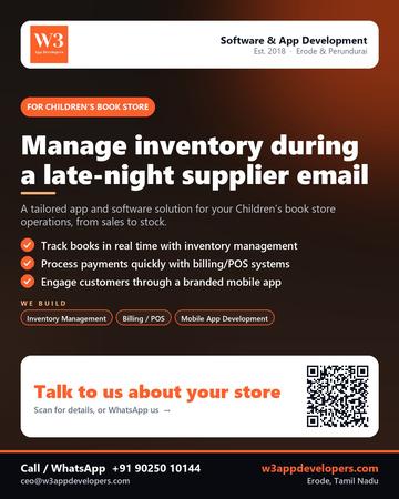 W3AppDevelopers poster for Children’s book store: Manage inventory during a late-night supplier email