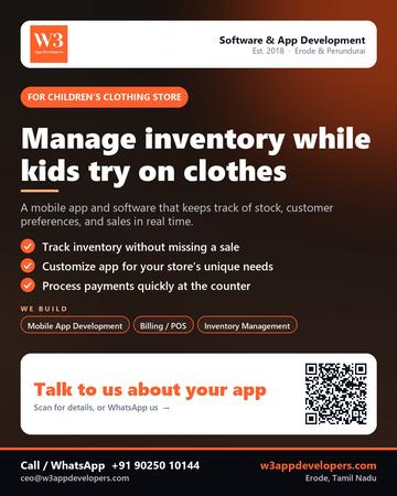 W3AppDevelopers poster for Children’s clothing store: Manage inventory while kids try on clothes