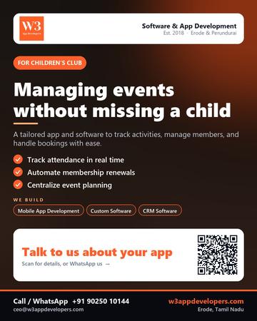 W3AppDevelopers poster for Children’s club: Managing events without missing a child