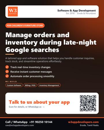 W3AppDevelopers poster for Children’s furniture store: Manage orders and inventory during late-night Google searches