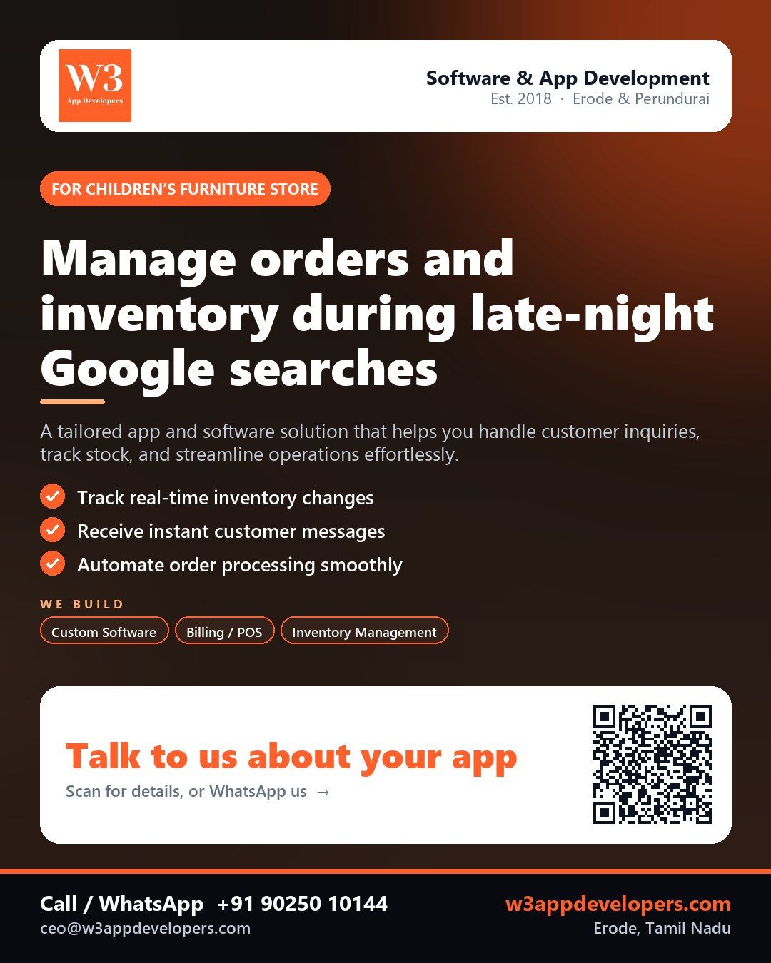 W3AppDevelopers - Custom app for Children’s furniture stores with inventory management and customer communication features