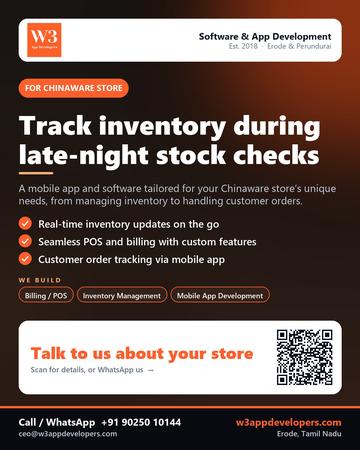 W3AppDevelopers poster for Chinaware store: Track inventory during late-night stock checks