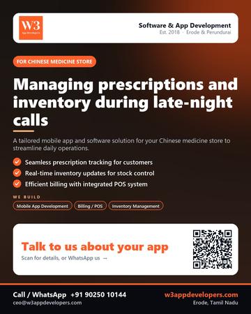 W3AppDevelopers poster for Chinese medicine store: Managing prescriptions and inventory during late-night calls