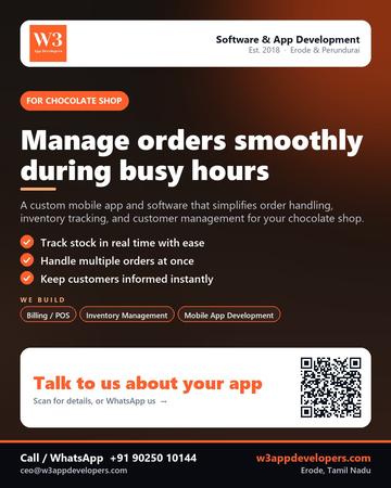 W3AppDevelopers poster for Chocolate shop: Manage orders smoothly during busy hours