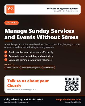W3AppDevelopers poster for Church: Manage Sunday Services and Events Without Stress