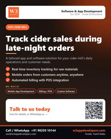 W3AppDevelopers poster for Cider mill: Track cider sales during late-night orders