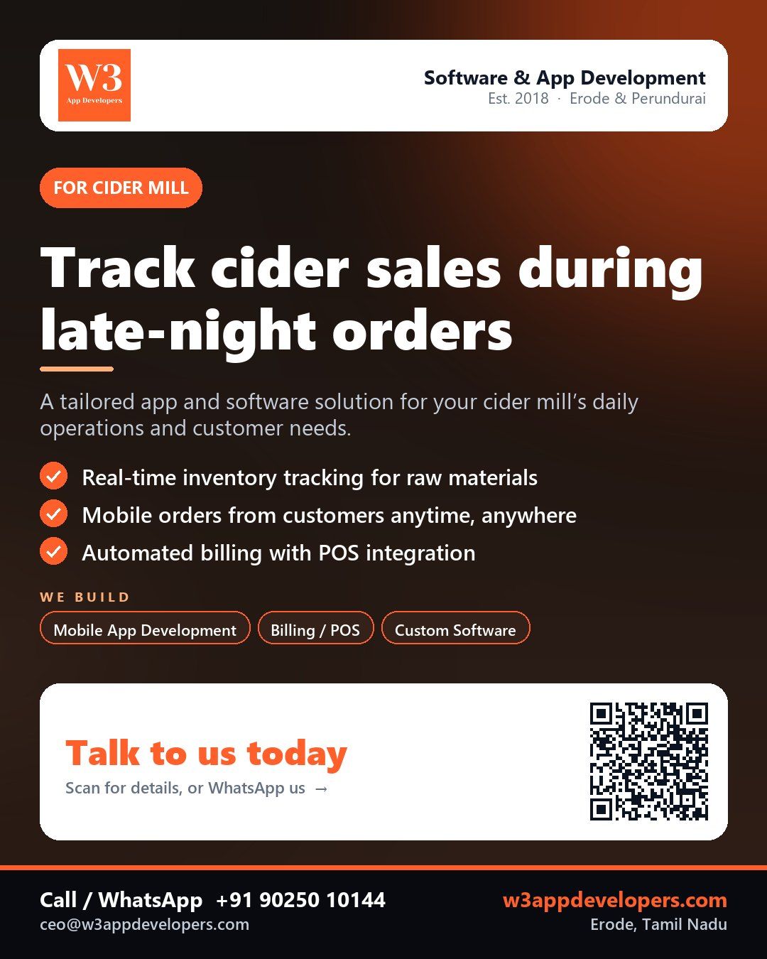 W3AppDevelopers custom app development for a cider mill in Erode, Tamil Nadu