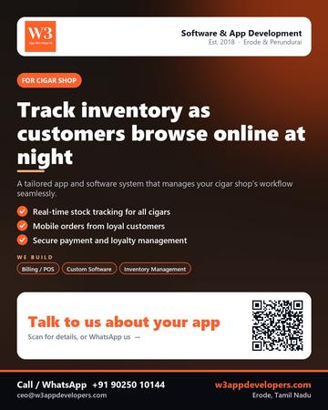W3AppDevelopers poster for Cigar shop: Track inventory as customers browse online at night