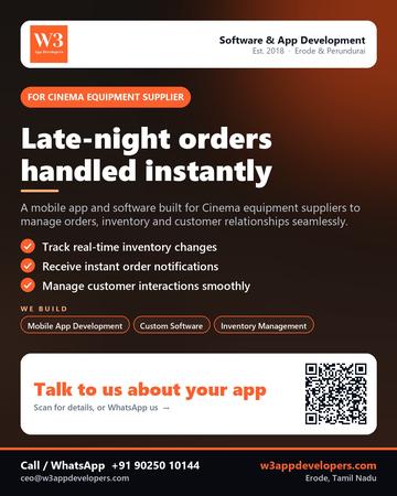 W3AppDevelopers poster for Cinema equipment supplier: Late-night orders handled instantly