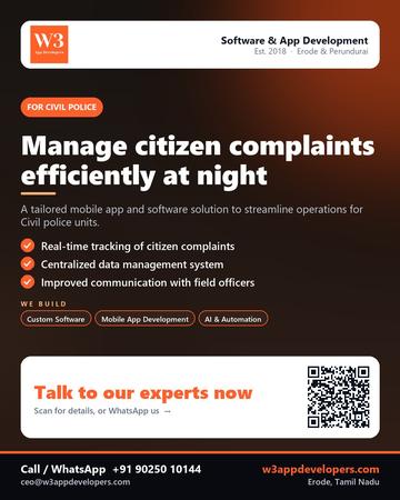 W3AppDevelopers poster for Civil police: Manage citizen complaints efficiently at night