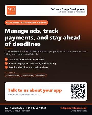 W3AppDevelopers poster for Classified ads newspaper publisher: Manage ads, track payments, and stay ahead of deadlines