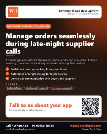 W3AppDevelopers poster for Clothes and fabric wholesaler: Manage orders seamlessly during late-night supplier calls