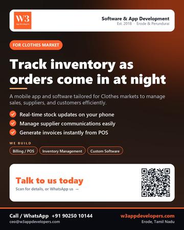 W3AppDevelopers poster for Clothes market: Track inventory as orders come in at night