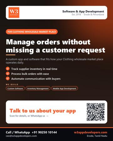W3AppDevelopers poster for Clothing wholesale market place: Manage orders without missing a customer request