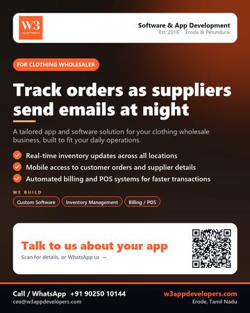 W3AppDevelopers poster for Clothing wholesaler: Track orders as suppliers send emails at night