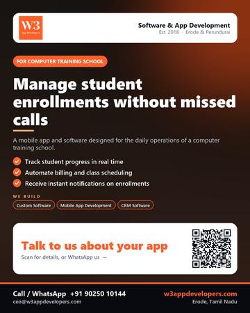 W3AppDevelopers poster for Computer training school: Manage student enrollments without missed calls