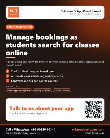 W3AppDevelopers poster for Cooking school: Manage bookings as students search for classes online