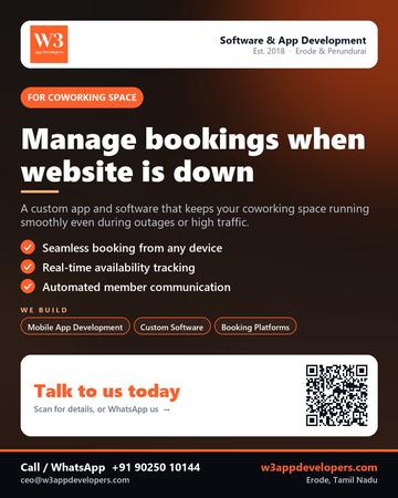 W3AppDevelopers poster for Coworking space: Manage bookings when website is down