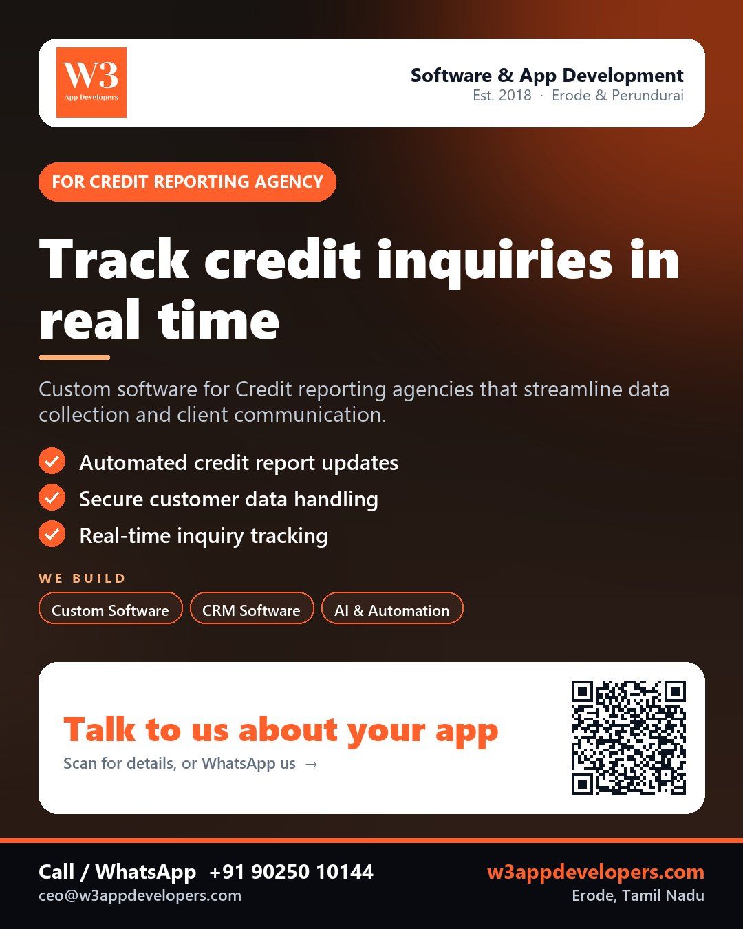 W3AppDevelopers Credit reporting agency app development poster with secure data tracking features