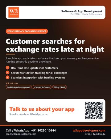 W3AppDevelopers poster for Currency exchange service: Customer searches for exchange rates late at night
