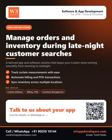 W3AppDevelopers poster for Curtain store: Manage orders and inventory during late-night customer searches