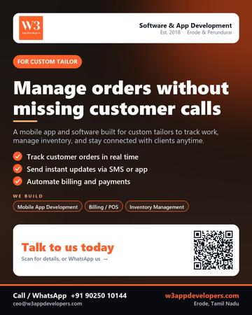 W3AppDevelopers poster for Custom tailor: Manage orders without missing customer calls