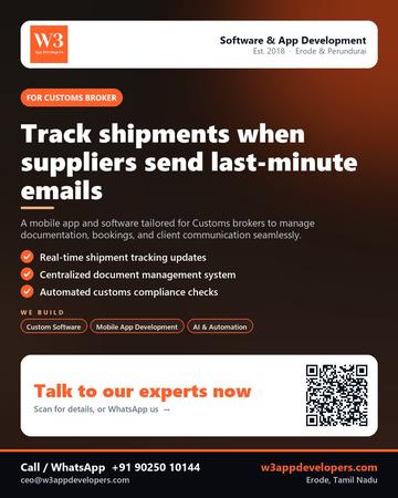 W3AppDevelopers poster for Customs broker: Track shipments when suppliers send last-minute emails