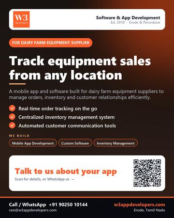 W3AppDevelopers poster for Dairy farm equipment supplier: Track equipment sales from any location