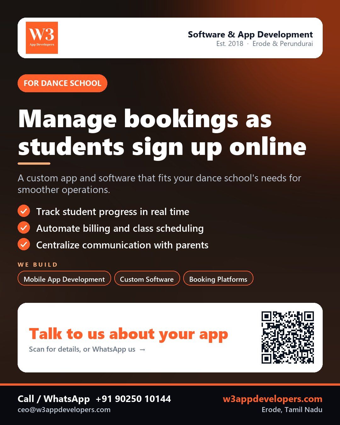 W3AppDevelopers helping a dance school manage bookings and student data through custom mobile app solutions