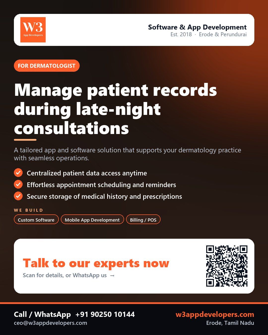W3AppDevelopers custom mobile app solution for Dermatologists in Erode and Perundurai