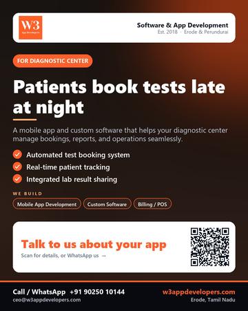W3AppDevelopers poster for Diagnostic center: Patients book tests late at night