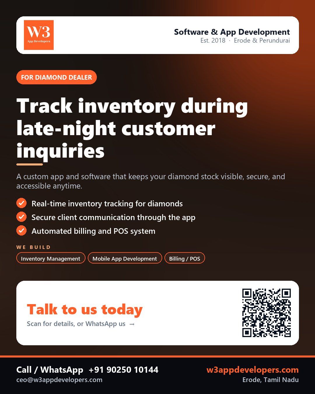W3AppDevelopers custom software for Diamond dealer business with inventory tracking and customer engagement features