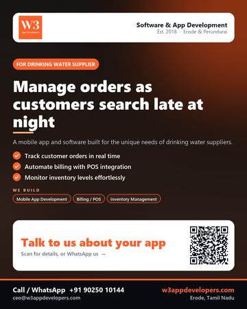 W3AppDevelopers poster for Drinking water supplier: Manage orders as customers search late at night