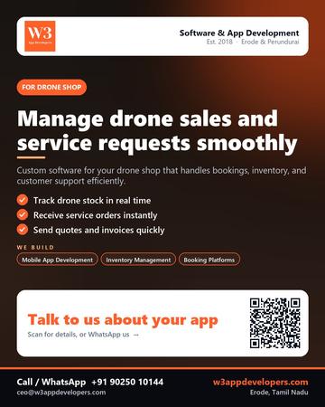 W3AppDevelopers poster for Drone shop: Manage drone sales and service requests smoothly