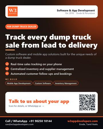 W3AppDevelopers poster for Dump truck dealer: Track every dump truck sale from lead to delivery