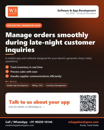 W3AppDevelopers poster for Electric generator shop: Manage orders smoothly during late-night customer inquiries