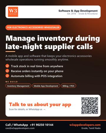 W3AppDevelopers poster for Electronics accessories wholesaler: Manage inventory during late-night supplier calls