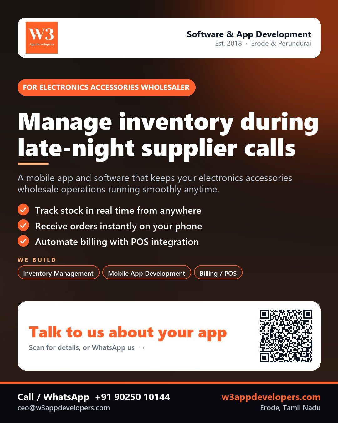 W3AppDevelopers custom app for electronics accessories wholesaler with inventory and order management features