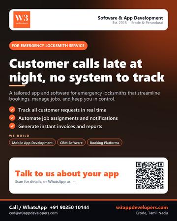 W3AppDevelopers poster for Emergency locksmith service: Customer calls late at night, no system to track
