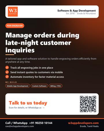 W3AppDevelopers poster for Engraver: Manage orders during late-night customer inquiries