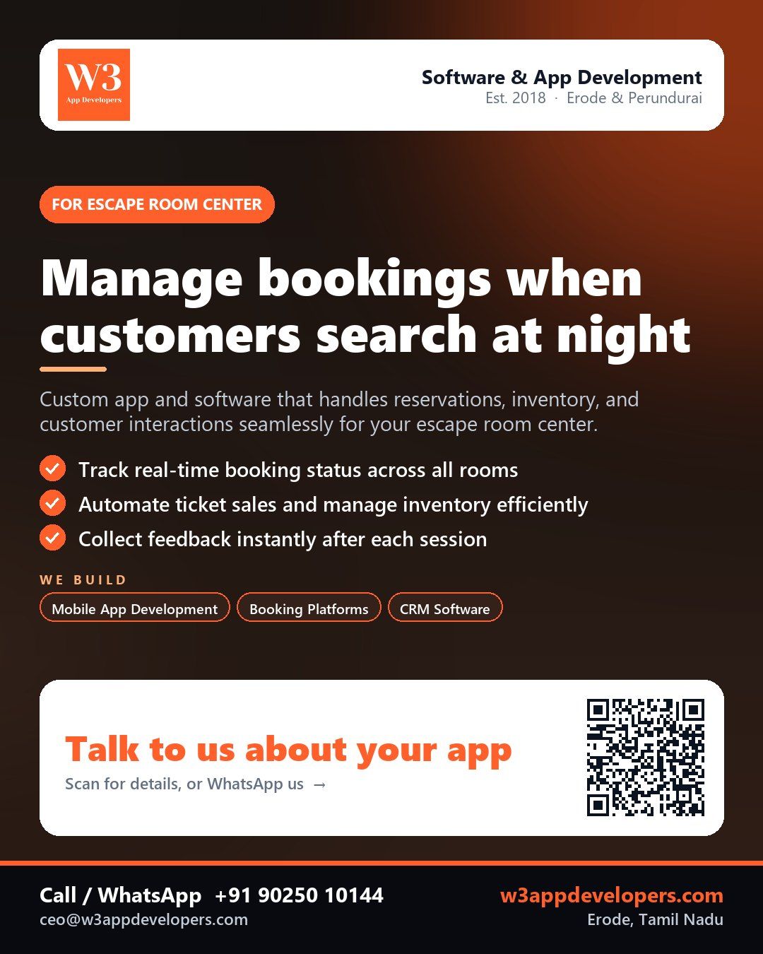 W3AppDevelopers custom app for escape room center managing bookings and customer interactions